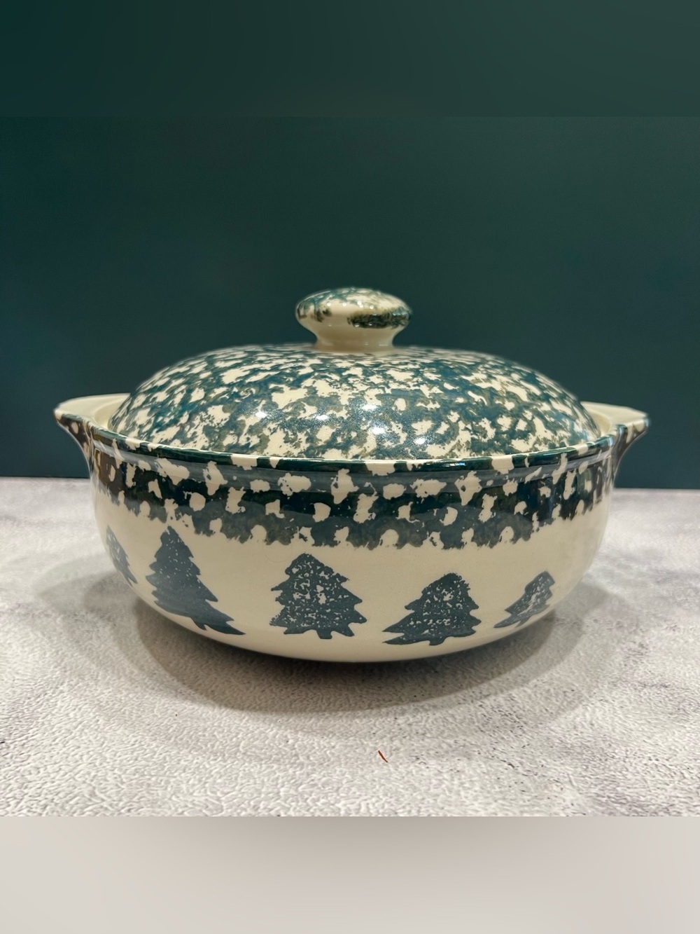 1990s Tienshan Folk Craft Stoneware Covered Casserole Dish Pine Tree Christmas